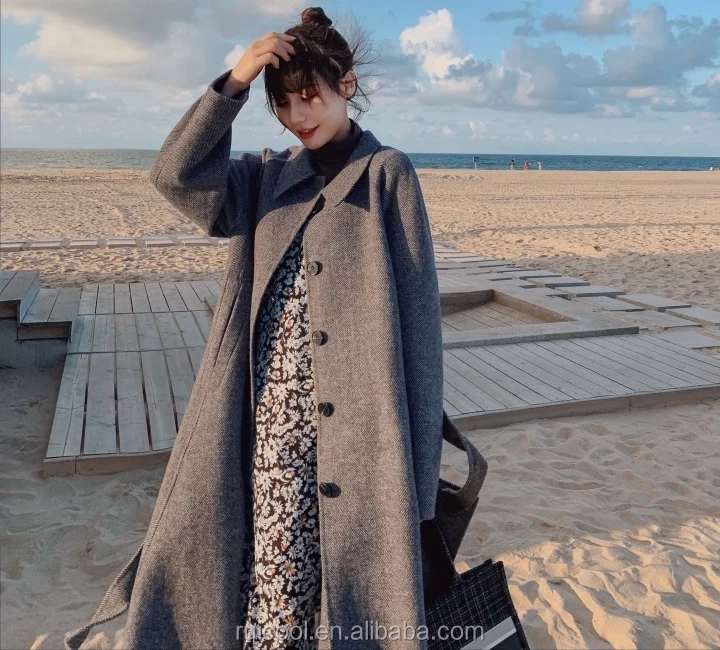 Peter pan collar wool coat with raglan sleeves in grey, herringbone pattern fabric