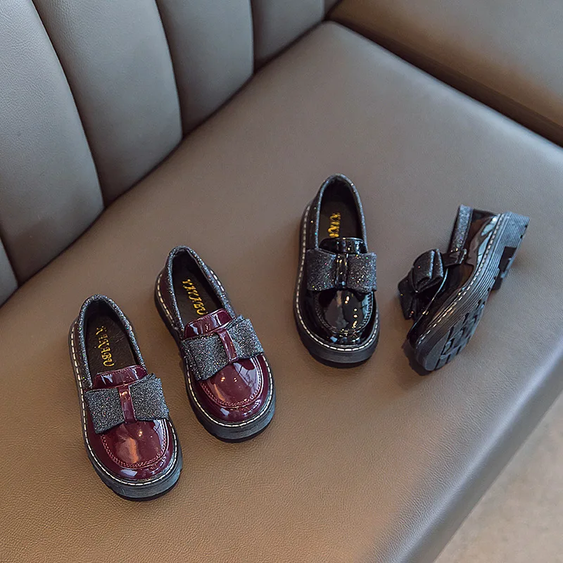 Black school shoes for girls bow leather shoes for children kids girls school shoes