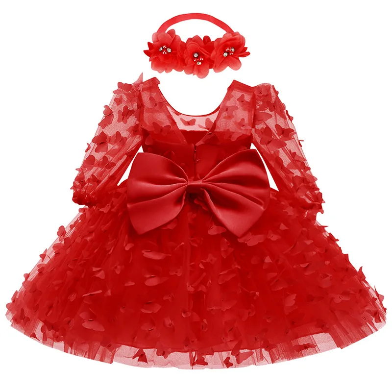 High quality baby 3D flower dress cute mesh bow dress girl festival party elegant temperament dress