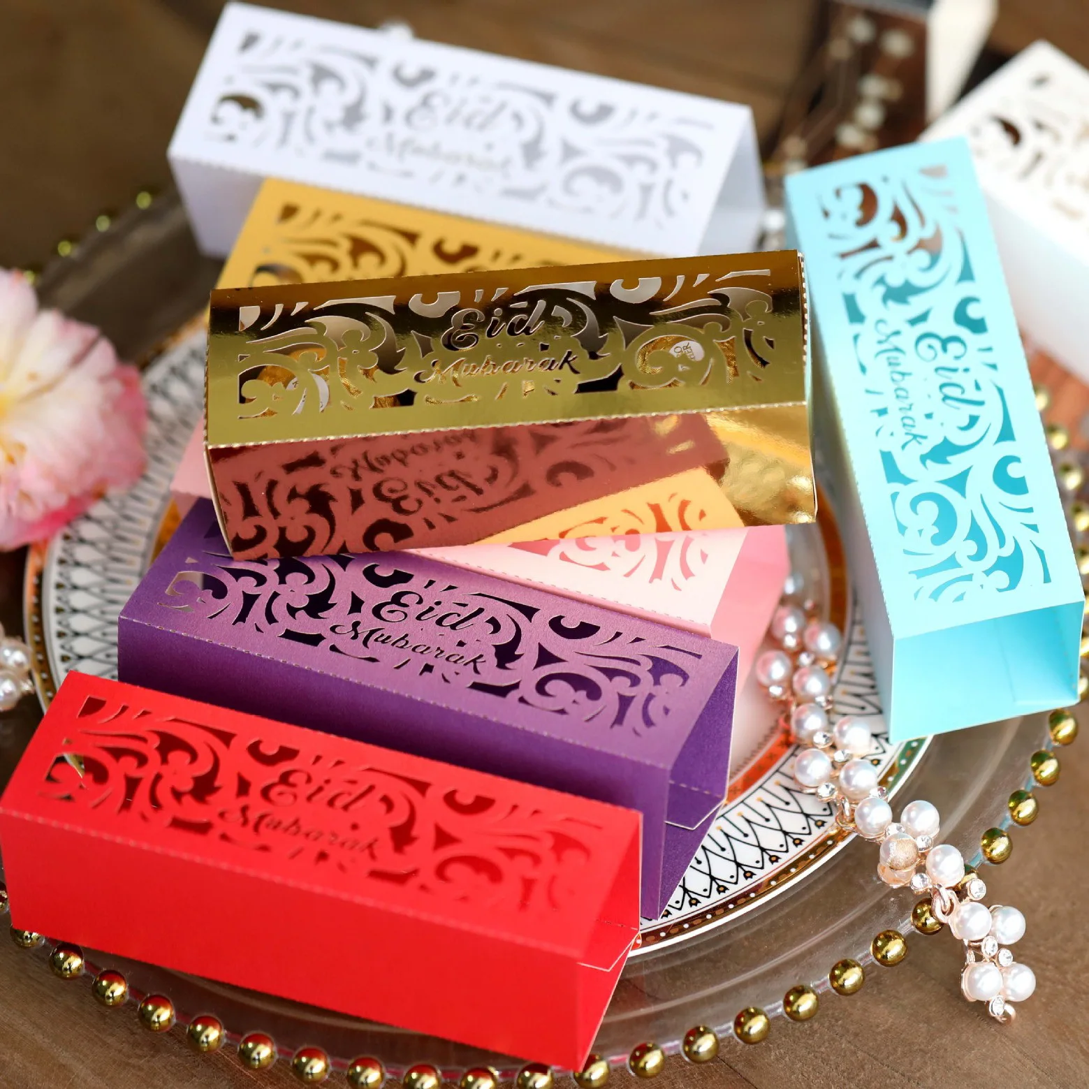 Hot Sales Rectangle Eid Mubarak Laser Cut Chocolate Paper Gift Box Candy Sweet Favor Box