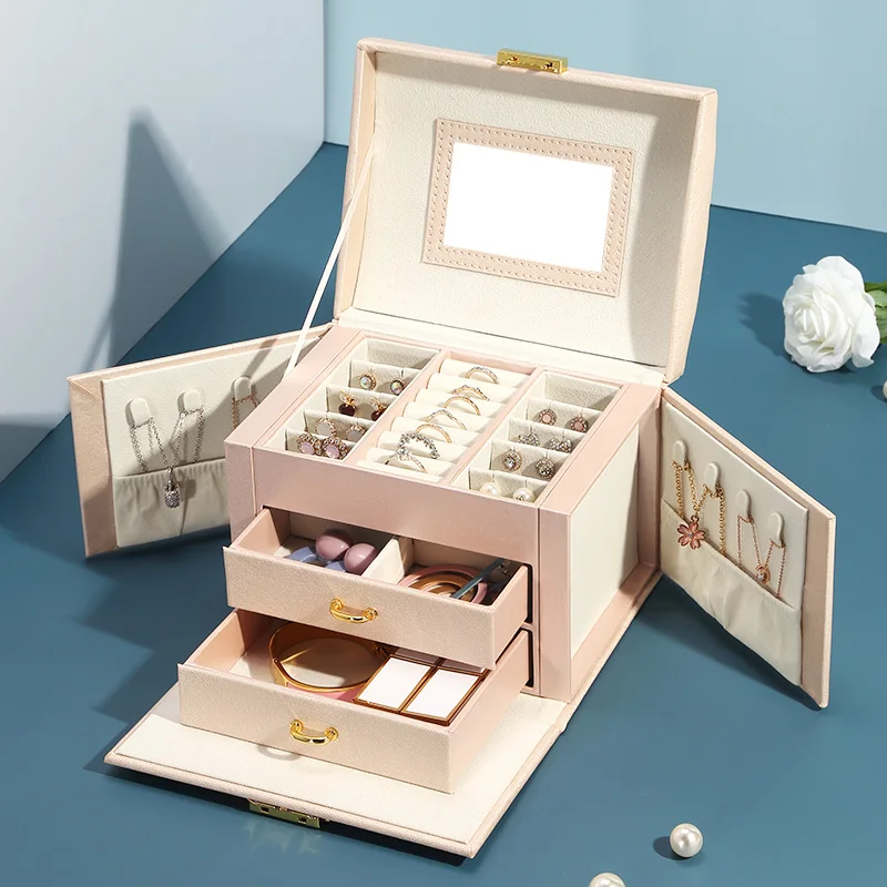 Wholesale Large Custom PU Leather Jewelry Box With Logo Necklace Ring Earring Jewellery Organizer Storage Packaging Gift Case