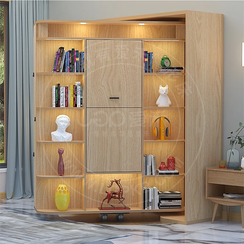 Hidden wall bed Folding rotating bed Bookshelf Murphy bed with wardrobe with bookshelf multifunctional rotatable