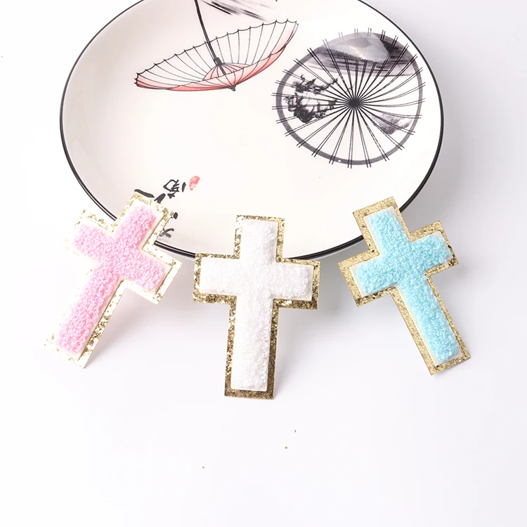 Wholesale Christian cross embroidery iron on patch silver glitter fuzzy chenille Jesus cross patch iron on for clothing hat
