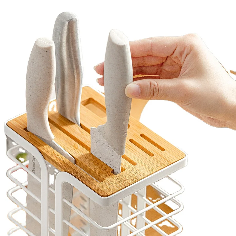 Custom Multifunctional Storage Metal Iron White Kitchen Stand Knife Holder For Counter Top