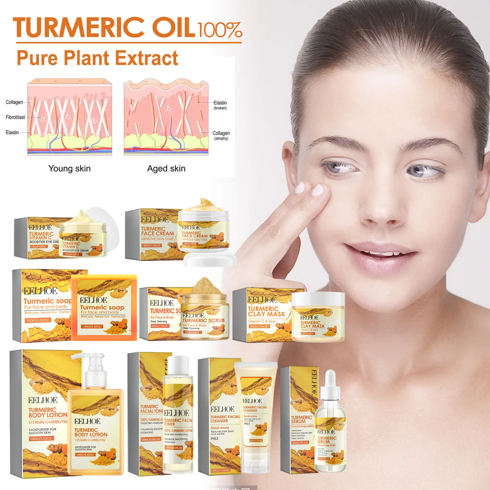 Natural Turmeric Skin Care 9 Pieces Set Anti Acne Dark Spot Whitening Soap Serum Scrub Cream Cleanser Face Body Skincare Set