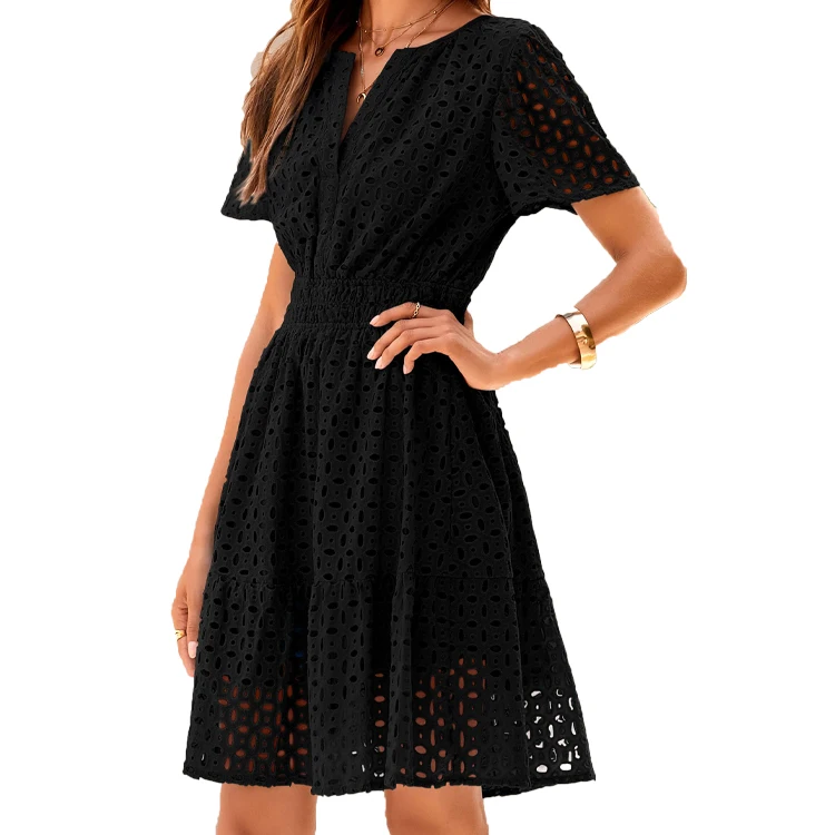 Womens Summer Short Dress V Neck Short Sleeve A Line Hollow Out Lace Ruffle Cute Casual Beach Party Dresses
