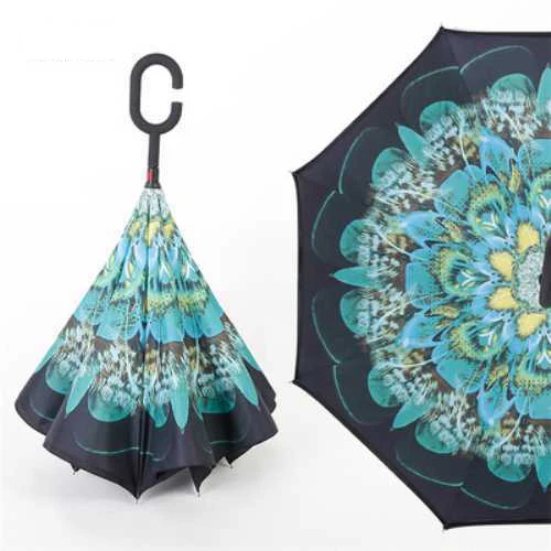 Ручной двухслойный перевернутый Ветрозащитный Зонт с ручкой «свободные руки»