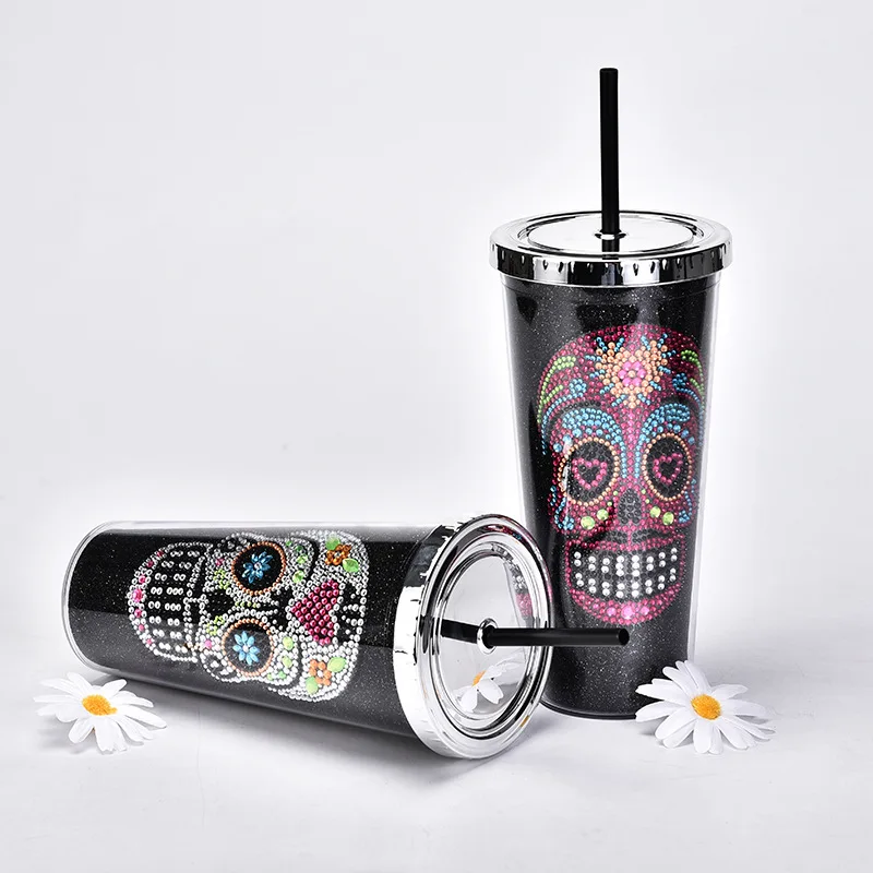 Wideal Amazon 16oz Plastic Tumbler Cups with Lid and Straw Mug Reusable Tumbler Clear Acrylic Halloween skulls  Skinny Tumbler