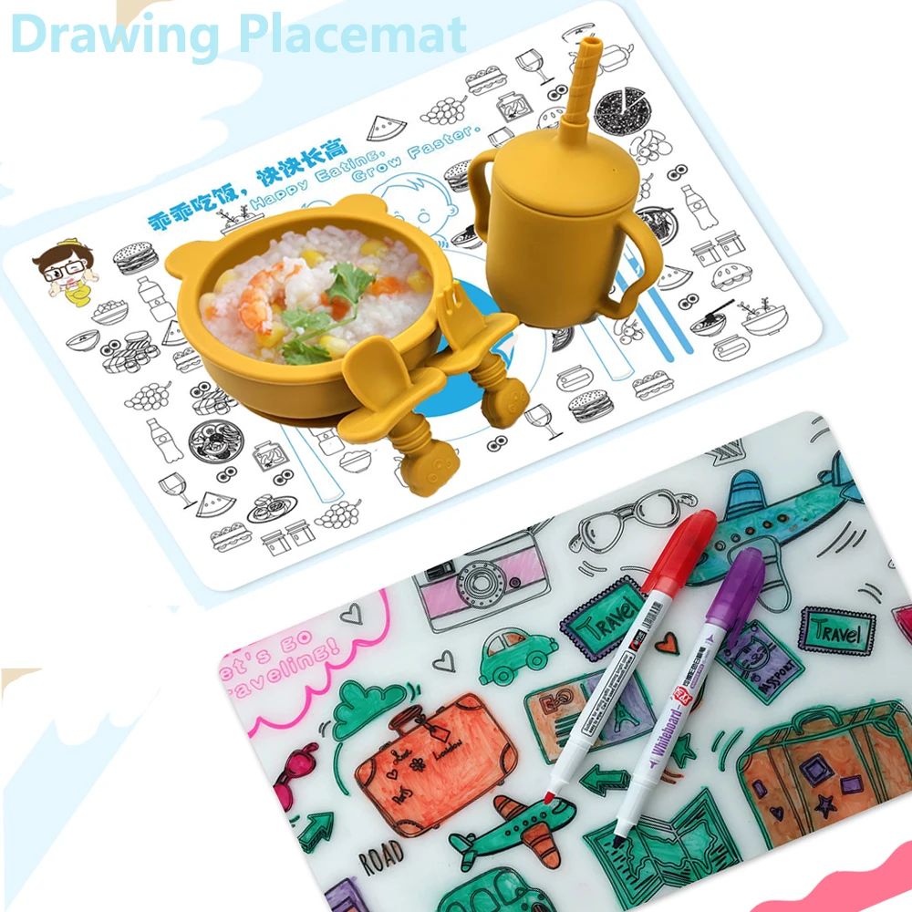 Silicone Coloring Mats Reusable Painting Colouring Dinning & Entertainment Table Mats for Kids Toddler Babies