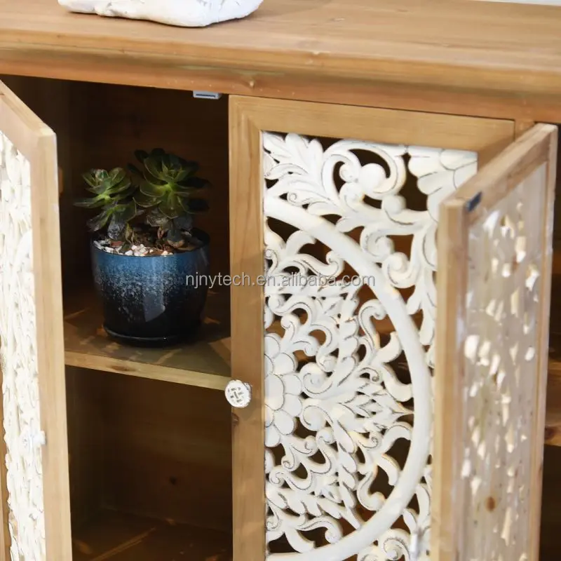 Solid Wood Cabinet Natural Pastoral Farmhouse Storage Sideboards Rustic Carved Decor Home Furniture Living Room Side Cabinets