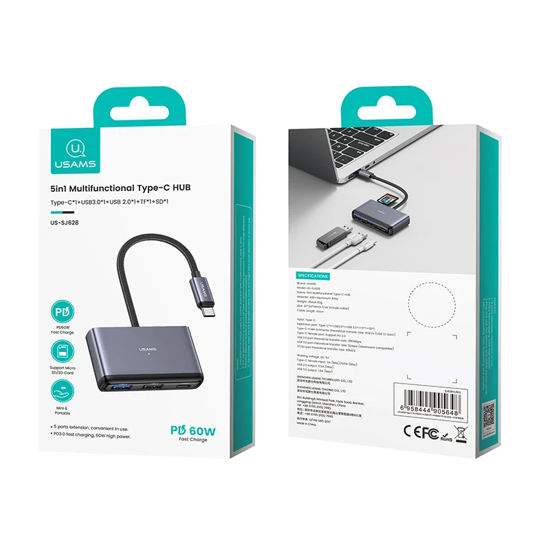 USAMS SJ628 5 in 1 Multifunctional Type-c USB C 3.0 Hub Docking Station Multiport Adapter
