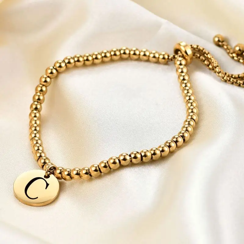 Gold Ball Bead 26 Letters Engrave Names Stainless Steel Bracelet Armband Gold Plated Adjustable Bracelet