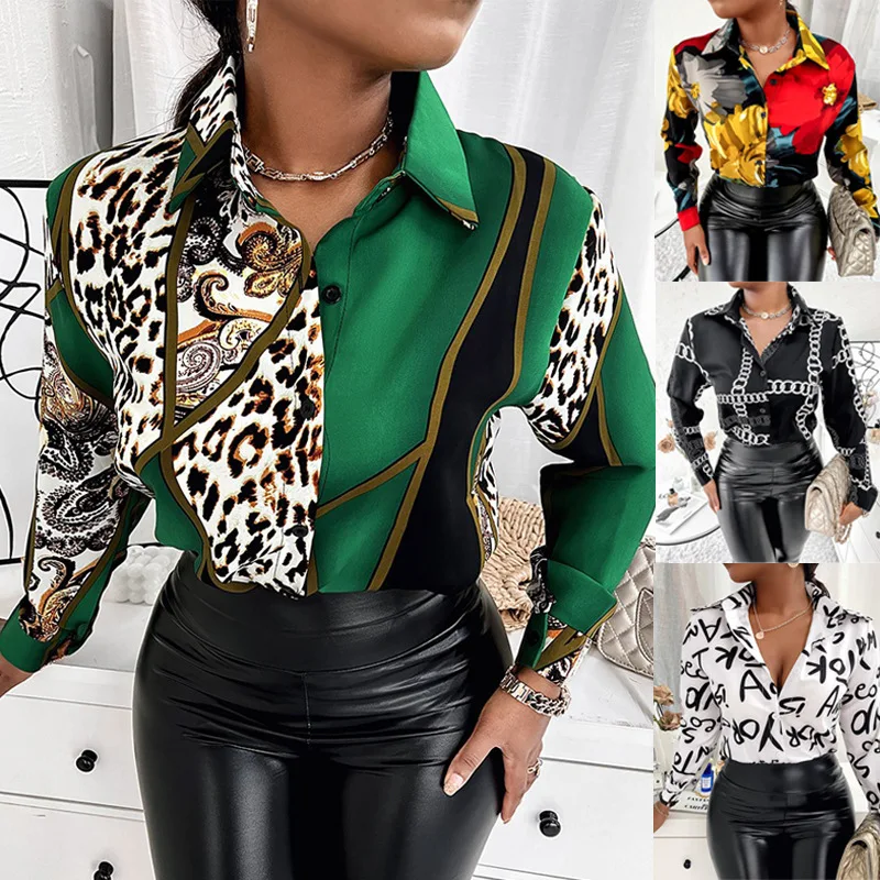 Style Blouse Blouse Long Sleeves V Collar Matching Color Retro for Women Summer Casual Woven Chiffon Printed 100% Cotton