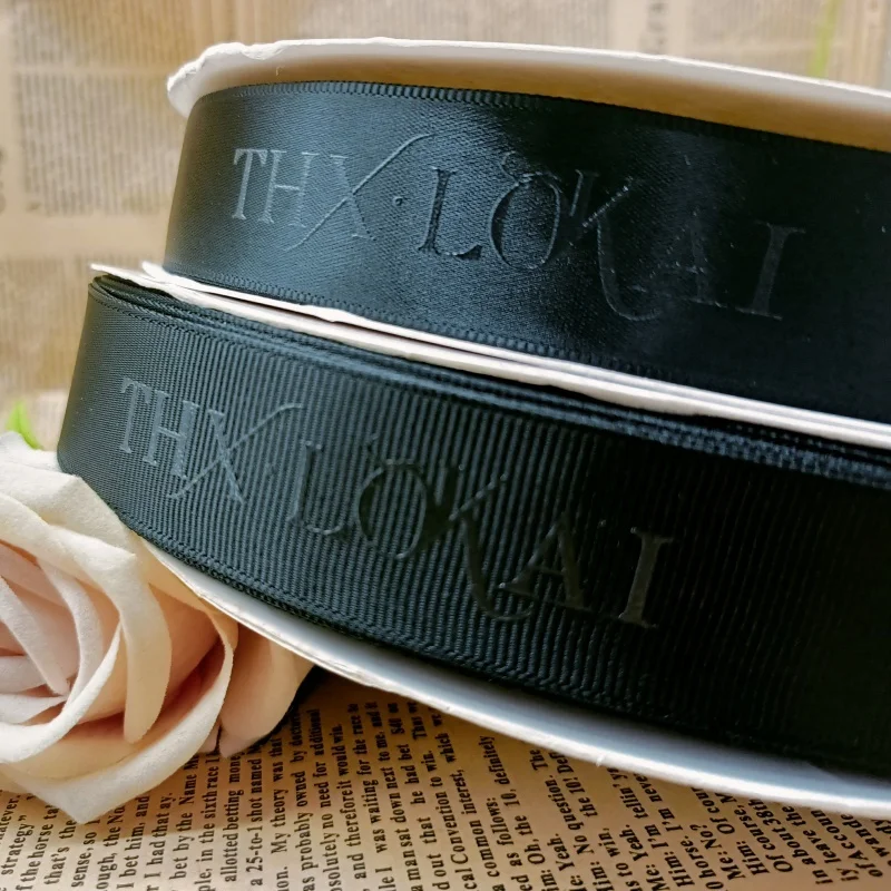 Custom Luxury 3d Raised Embossed 1 Inch Black Double Face Grosgrain Logo Customized Printed Satin Ribbon