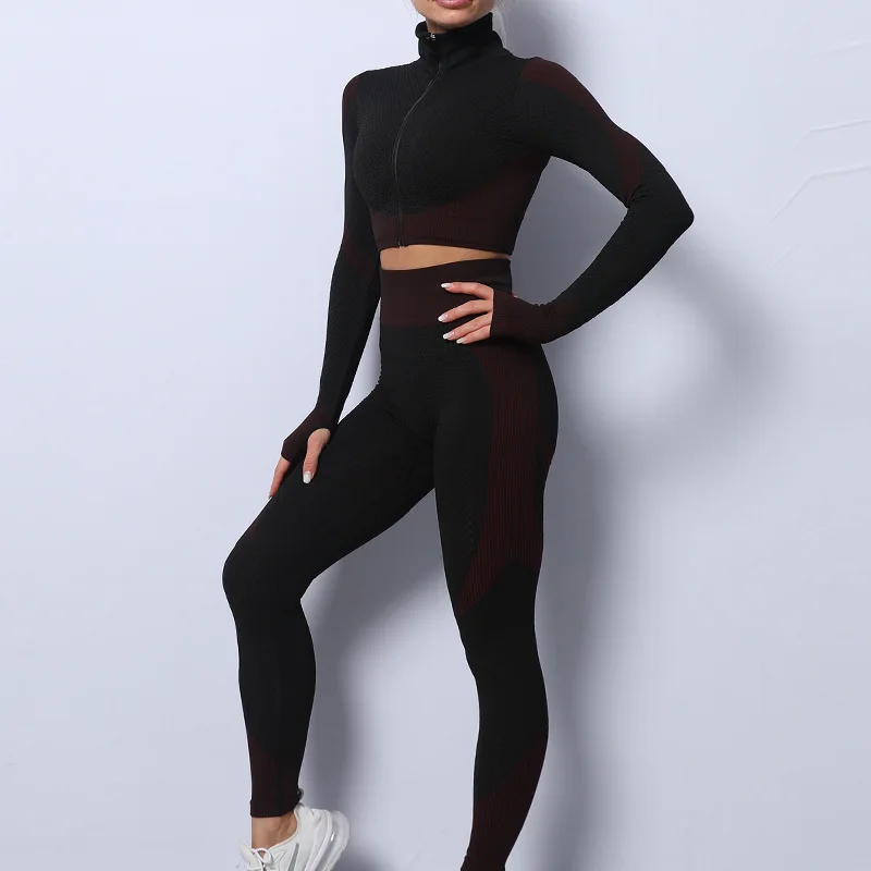 3 piece yoga set with jacket seamless yoga sets women long sleeve yoga clothing For Women Gym Fitness Sets