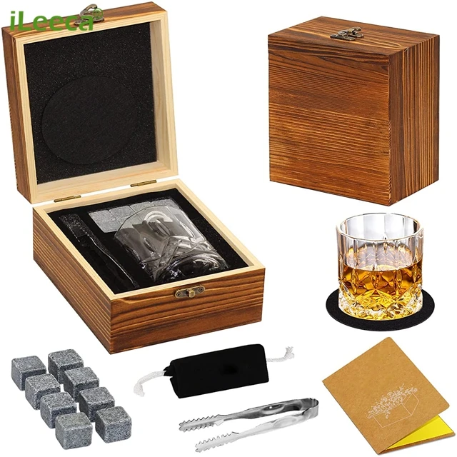 Deluxe Chill Rocks Whiskey Stones Gift Set with 6 Whisky  Chilling Stones Tongs in Wooden Gift Box