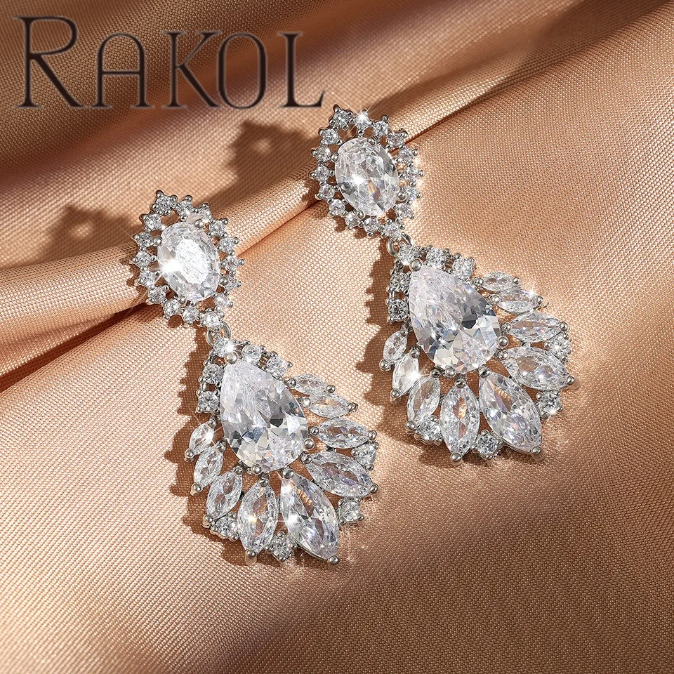 RAKOL EP363  Elegant Chandelier Cubic Zirconia Earrings Gorgeous Crystal Stones Dangle Luxury Bridal Earrings for women Jewelry