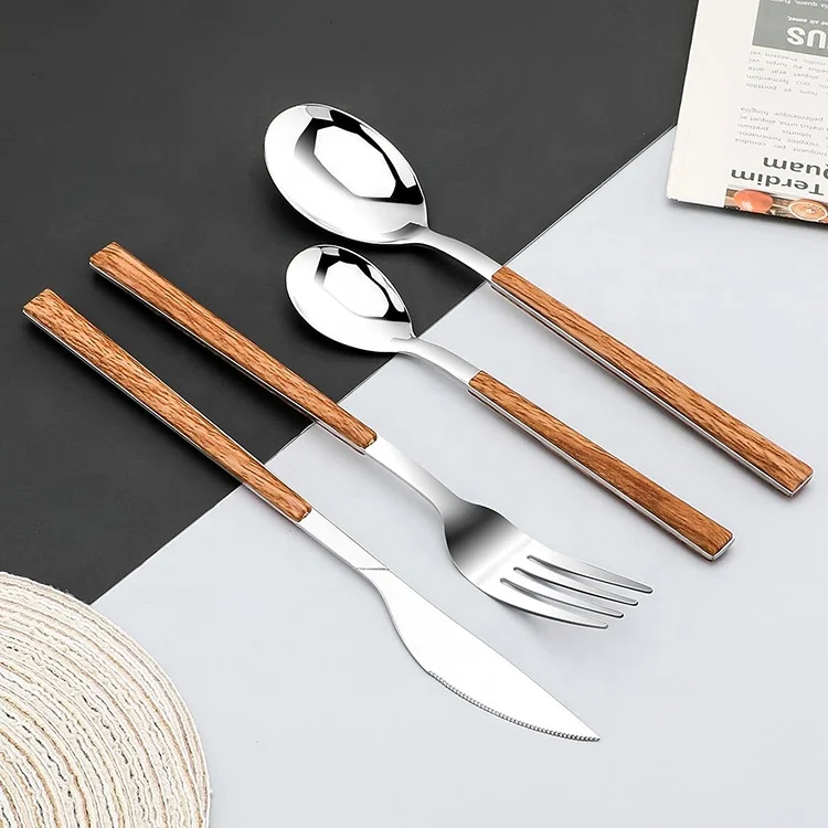 Hot Selling ABS Plastic Handle Wood Grain Stainless Steel Suitable Tableware Fork Spoon Set for Hotels Plastic Handle Cutlery
