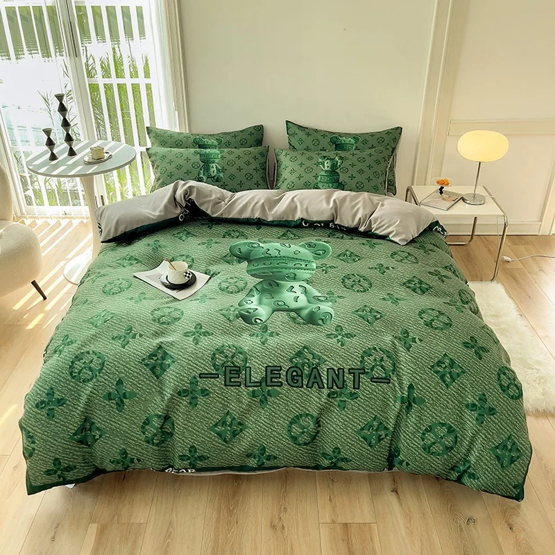 Microfiber Silk 4-In-1 Bedding Set Fashion Design-I Duvet Cover Bed Sheet Bedding Set