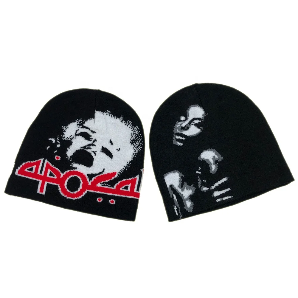 OEM new products colorful black unisex skull unfold winter hats with clear full jacquard design custom no fold beanie