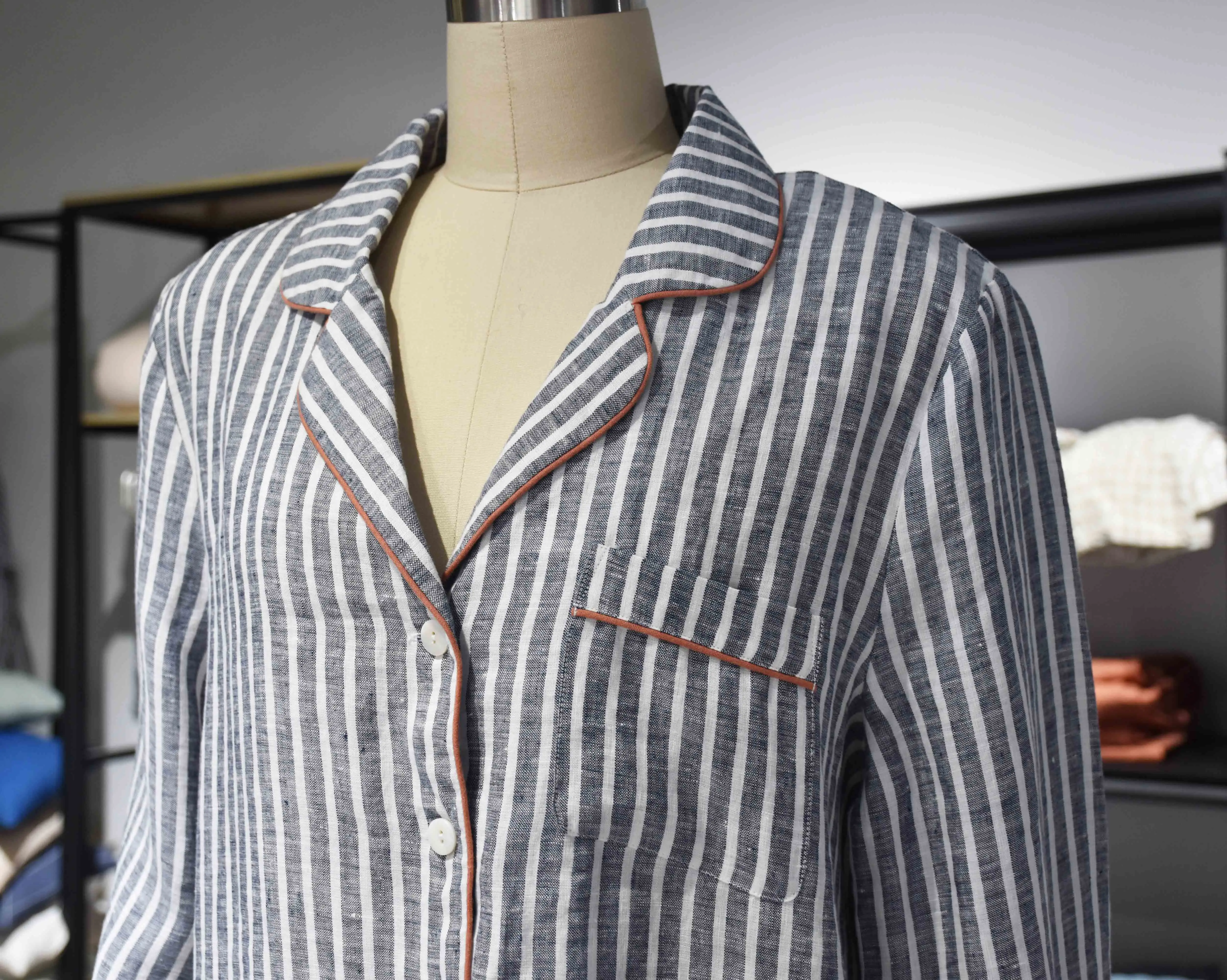 Ladies Linen Pajamas Top Soft Plaid Notch Collar Short Sleeve Custom Striped Linen Sleepwear Loungewear Women PJ Sets For Women