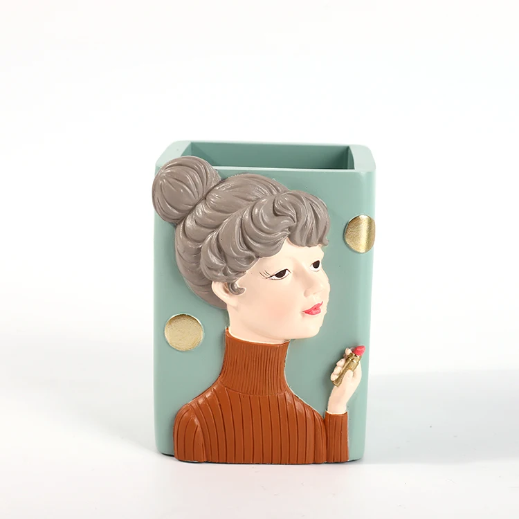 New Creative Holder Resin Girl Pot Pen And Organizer Pencil Vase Green