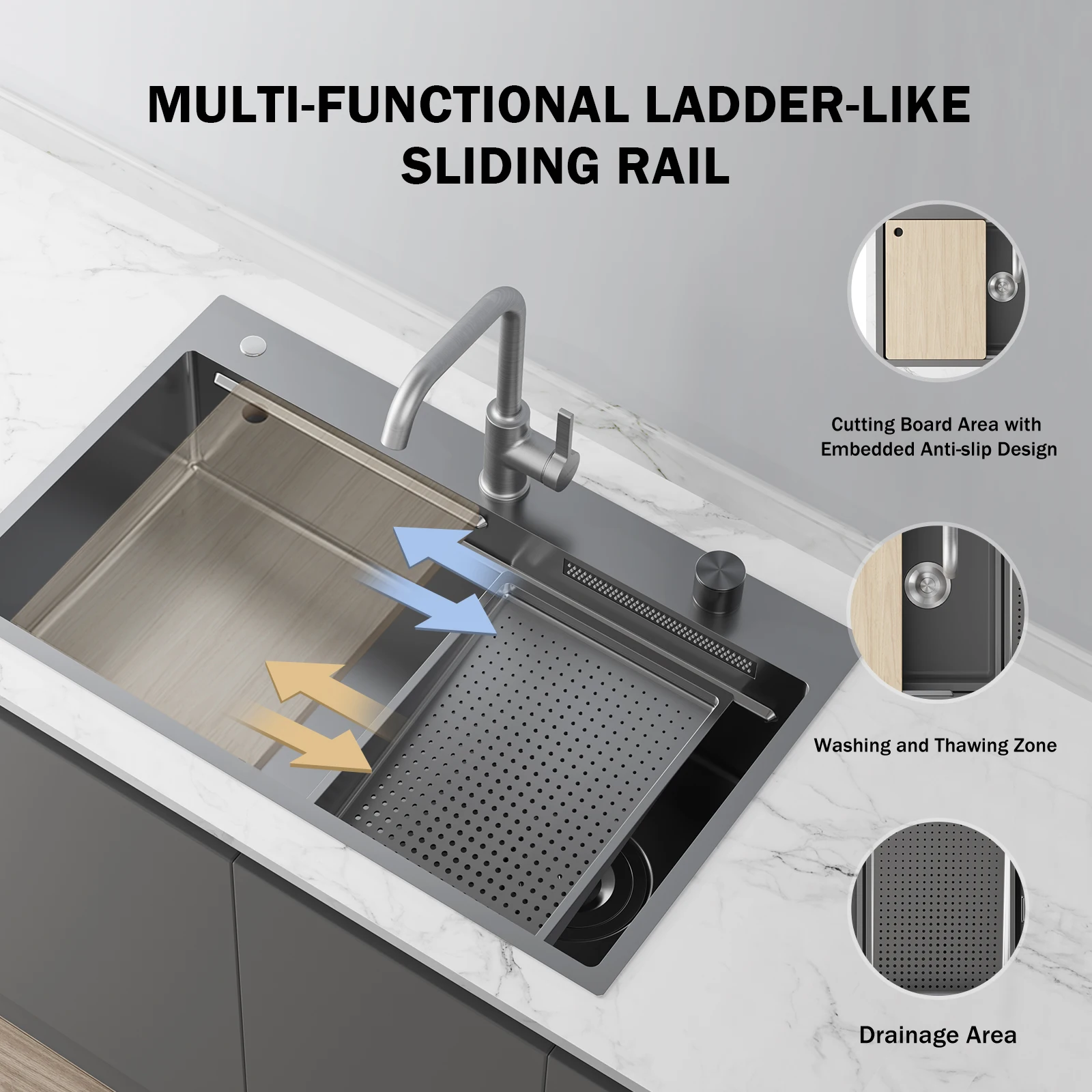 JOMOO Single Bowl Kitchen Sink Nano-coating Waterfall Faucet Anti-microbial Kitchen Sink Set 304 Stainless Steel 3mm Thickness