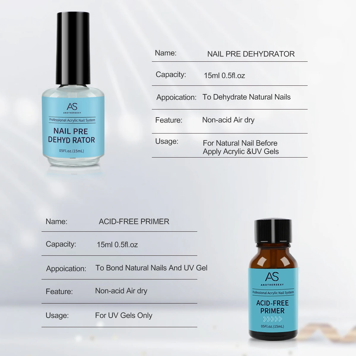 AS 15ml Nail Prep Dehydrator Acid Free Primer set Adhesive Desiccant Acrylic Nails Nail Pre Dehydrator Primer Set