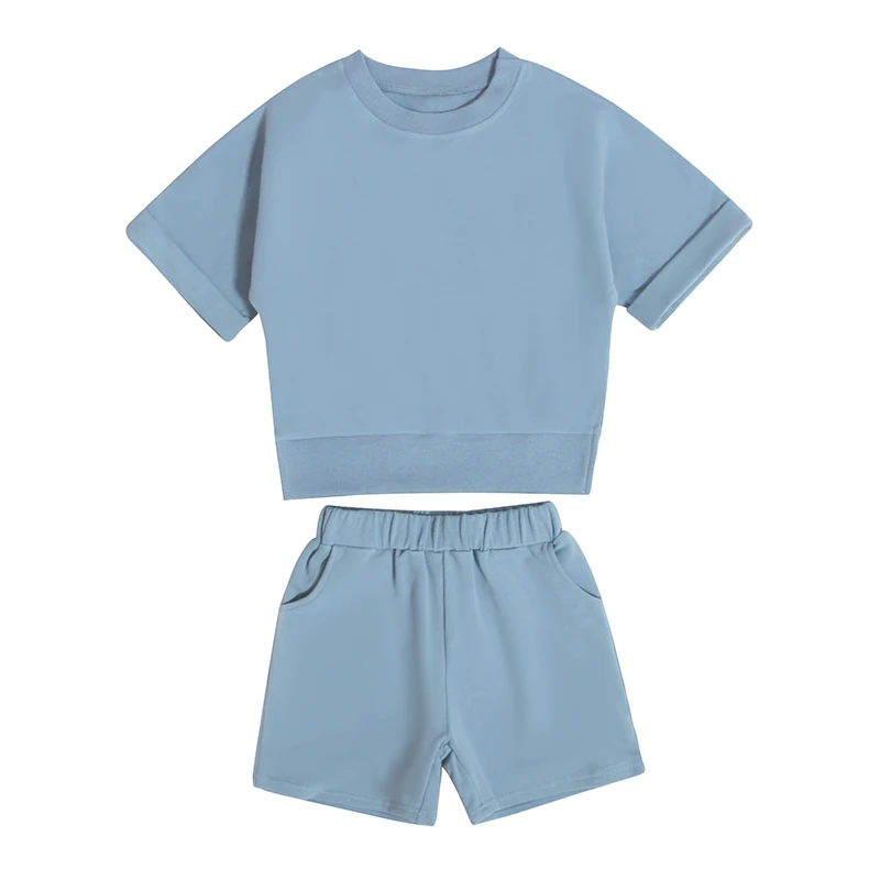 China Online Sale Summer Children Sport Outfits French Terry Kids Sets Cotton Pocket Short Elastic Waistband Pants Suits