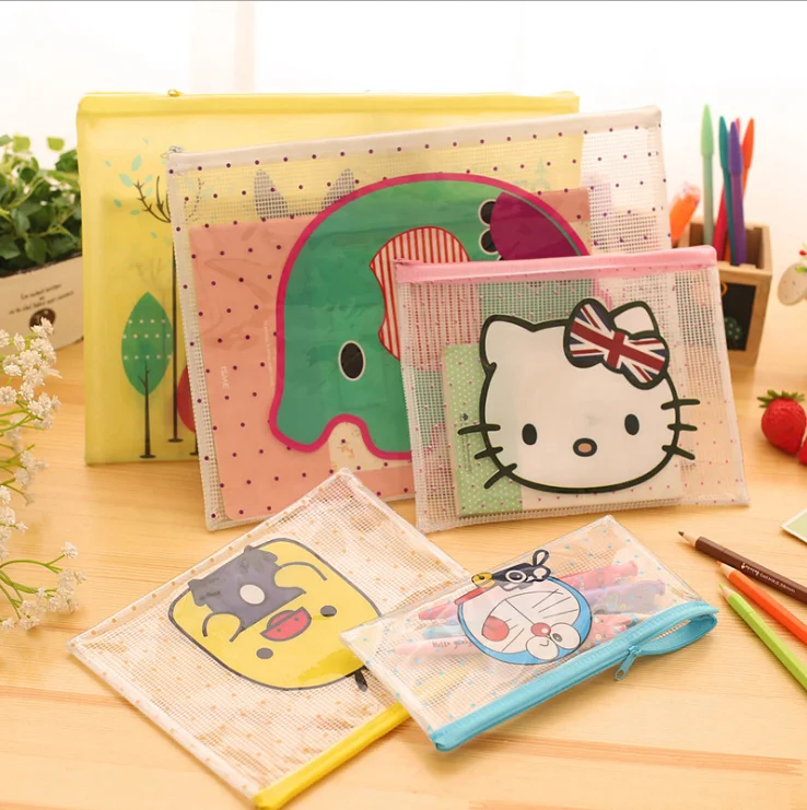 Cartoon Cute Girl Heart File Mesh Bag Student Stationery Pen Bag Ticket Grid Storage Bag