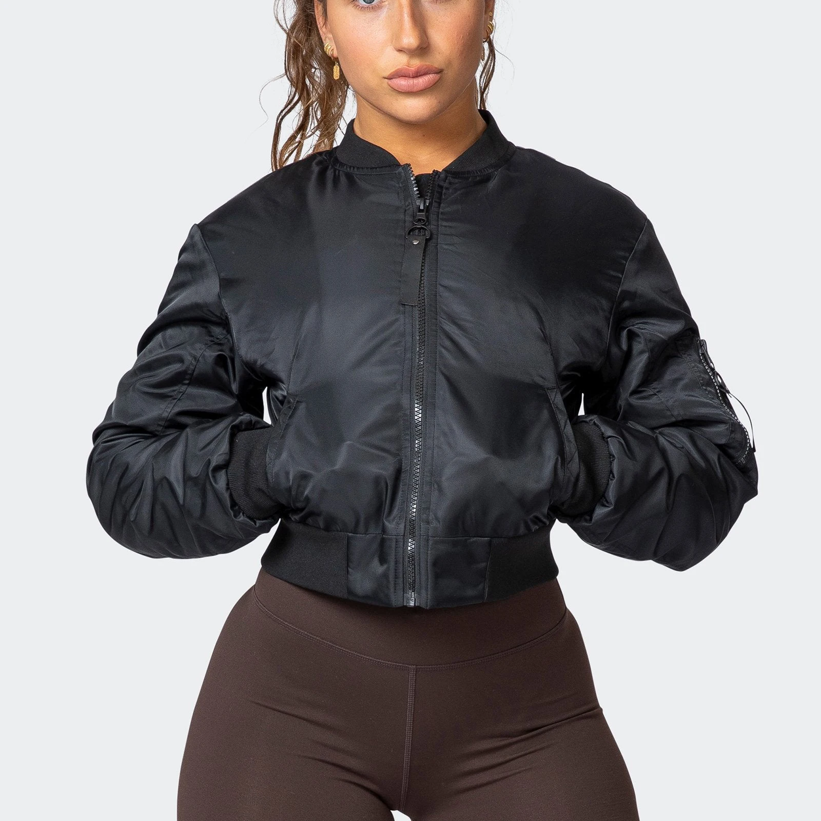 Custom Center Front Zipper Water Resistant Exterior Crop Length Women Bomber Jacket