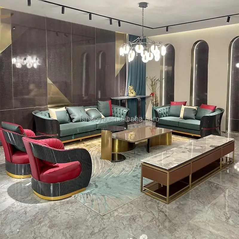 7 seater morden sofa set luxury Italian seating room LivingRoom sofa Furniture light Luxury Wooden trim Curve leather Sofa Sets