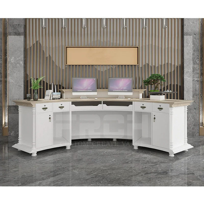 China Supply Retail  Elegant White Nordic U Shape Wooden Reception Counter Design Front Desk
