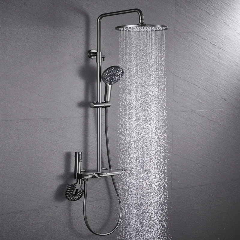 2022 New Designer Exposed Gray Color 4 Push Button Piano Key Shower Faucet Mixer Set With 10 Inch Rainfall Shower Head