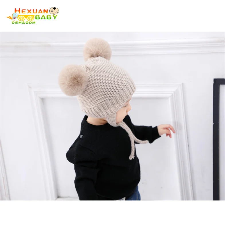 Wholesale Custom Fashion Winter Pure Cashmere Knitted Ear Flap Beanie Hat Cute Kids Baby Pom
