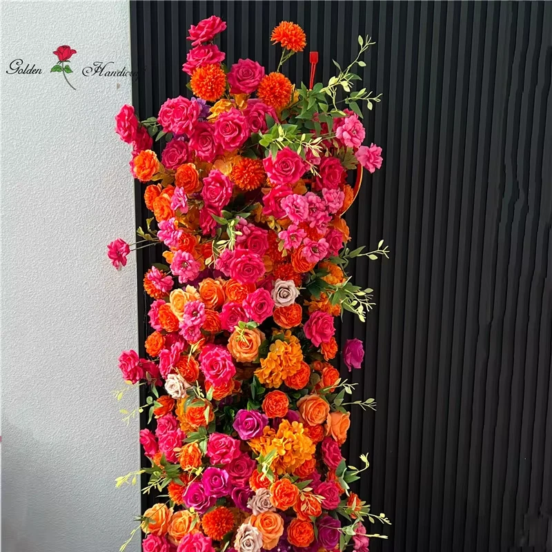 High Quality Stunning Handmade Flower Arrangement Silk Hot Pink Orange Rose Flower Decor for Wedding Wall Backdrop Decoration