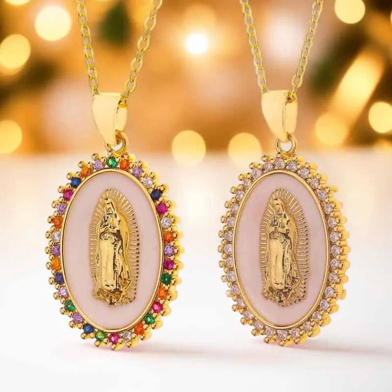 Fashion Oval Coin Medallion Religious Pendant Copper Plated 18k Gold Drop Oil Cubic Zircon Virgin Mary Necklace