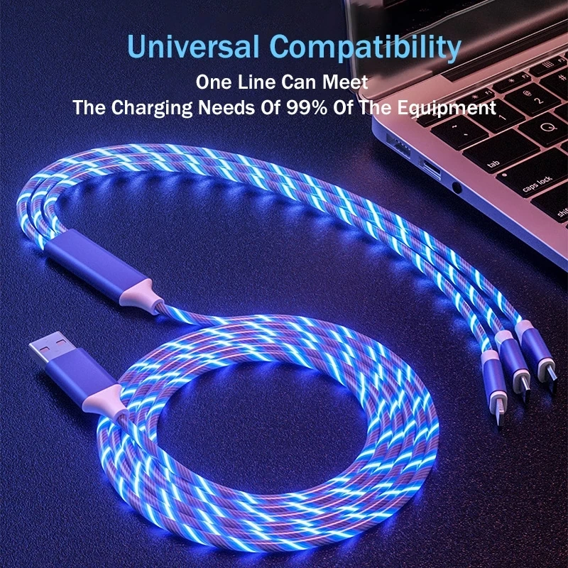 
Factory 3-in-1 Charging Flow Luminous Lighting Cable Charger Wire Led Micro USB Type C With Type Android IOS 1 meter 