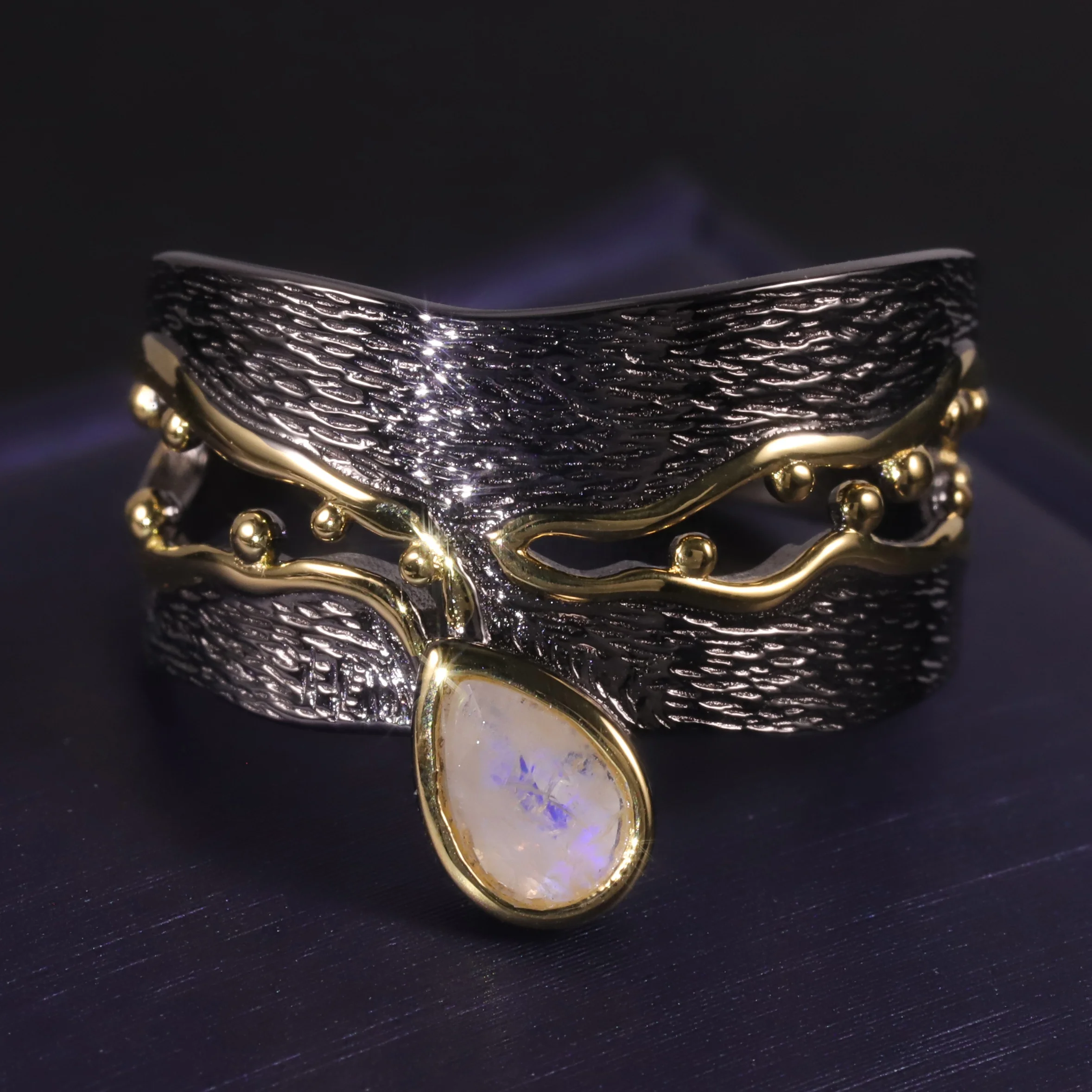 C7917 Abiding Direct Sale Vintage Costume 925 Silver Black Gun Plated Moonstone Gemstone Open Ring Pendant Jewelry Set