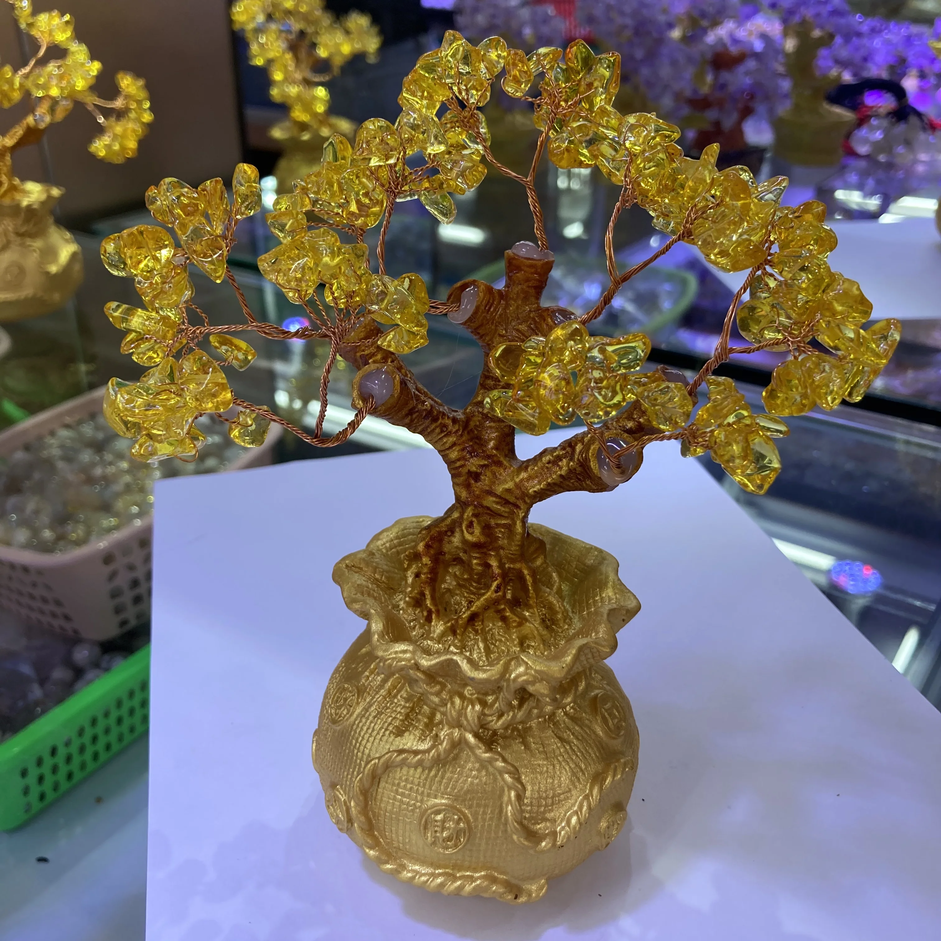 Wholesale Topaz Yellow Lucky Tree Natural Carved Crystal Crafts For Home Decoration