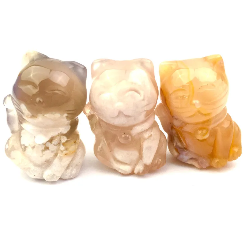 Hot Sale Natural Carved Crystal Sakura Agate Flower Agate Lucky Cat Crystal Craft