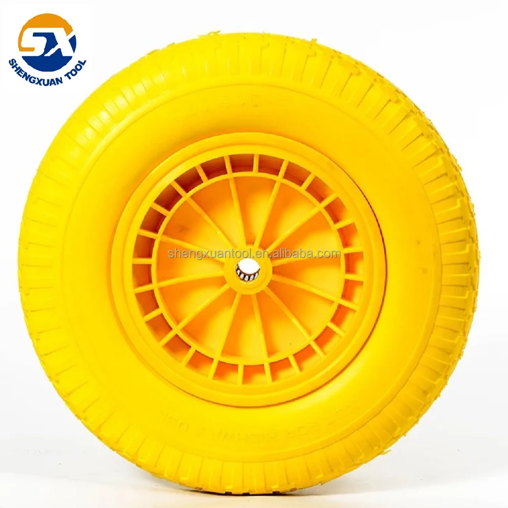 Yellow color Plastic rim pu solid tyre foam filled wheel for wheelbarrow