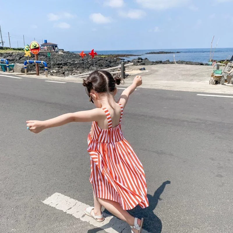 Latest Arrival 2021 Summer White And Red Striped Dress Little Girl Suspender Dresses