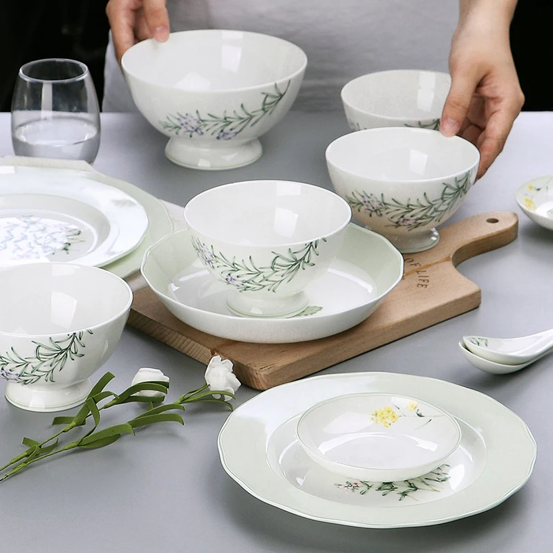 wholesalers ceramic and porcelain plates green plant pattern bone china dinner plate set fish fruit soup dish plate