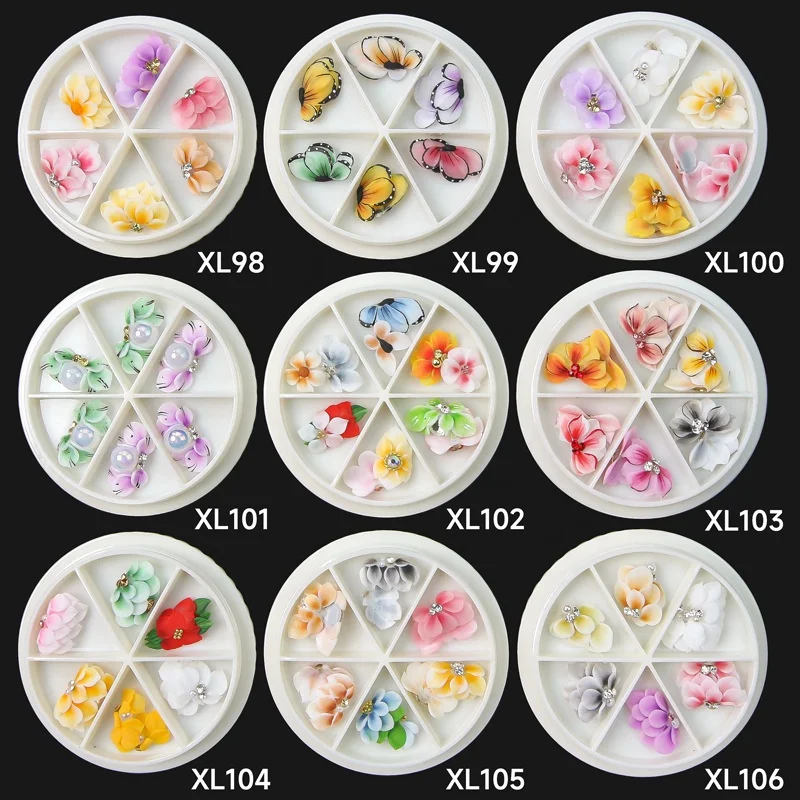 Hand Made Acrylic Flower Nail Art Decoration Kawaii Cute Butterfly Charms 3D Simulation Carved Floret Flower Nail Charm