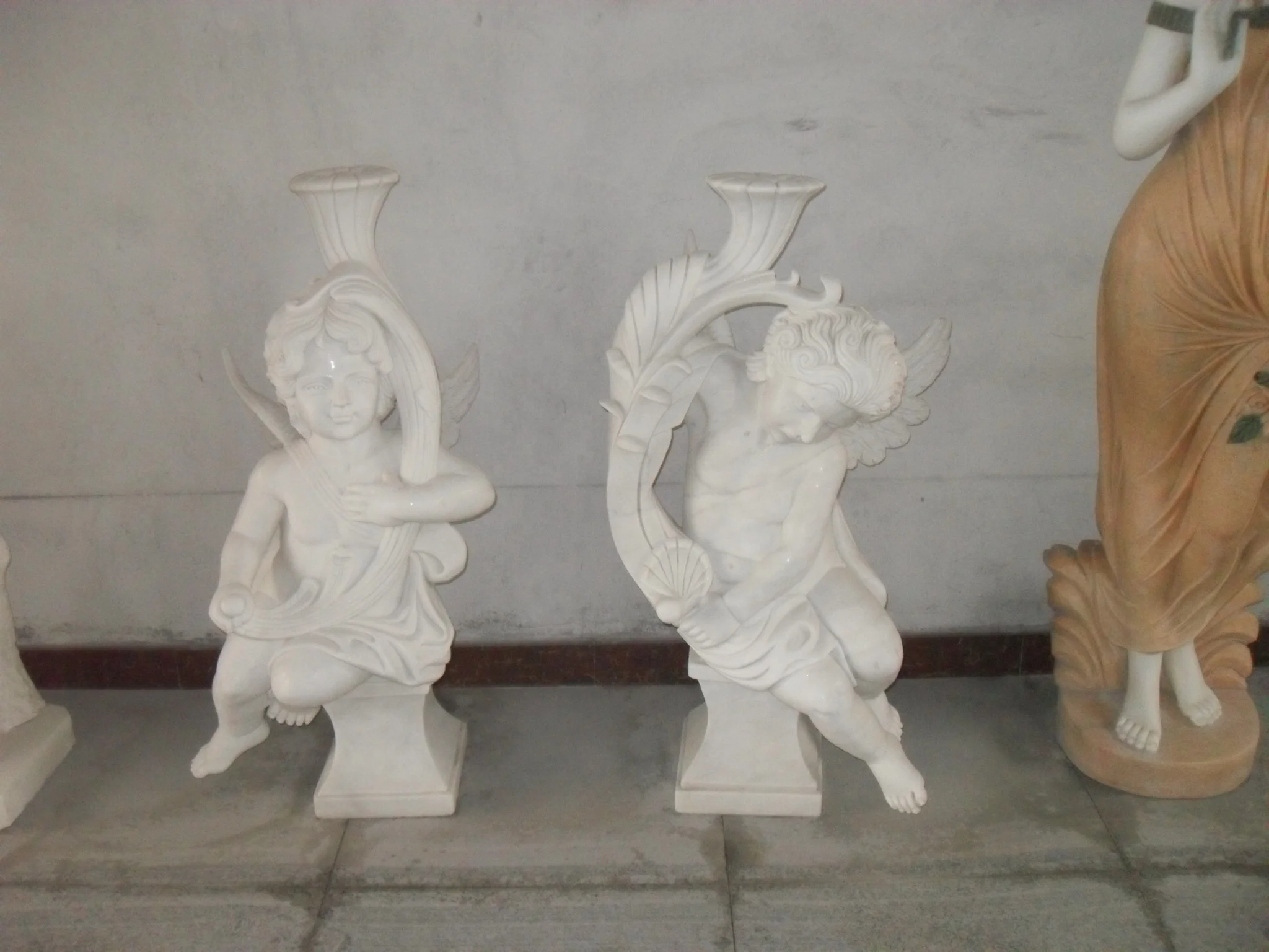 wholesale manufacturers life size white marble stone boy horn angel cherub statues
