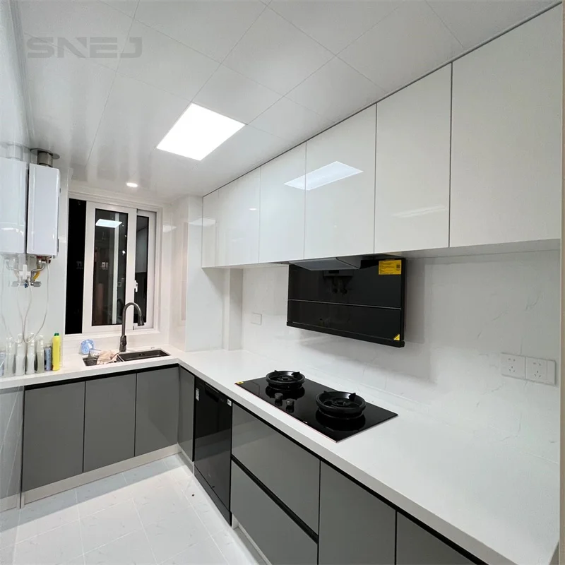 SNEJ Contemporary Flat Panel Kitchen Cabinets L-shaped Custom Kitchen Cabinets Mid Century Wood Kitchen Cabinets