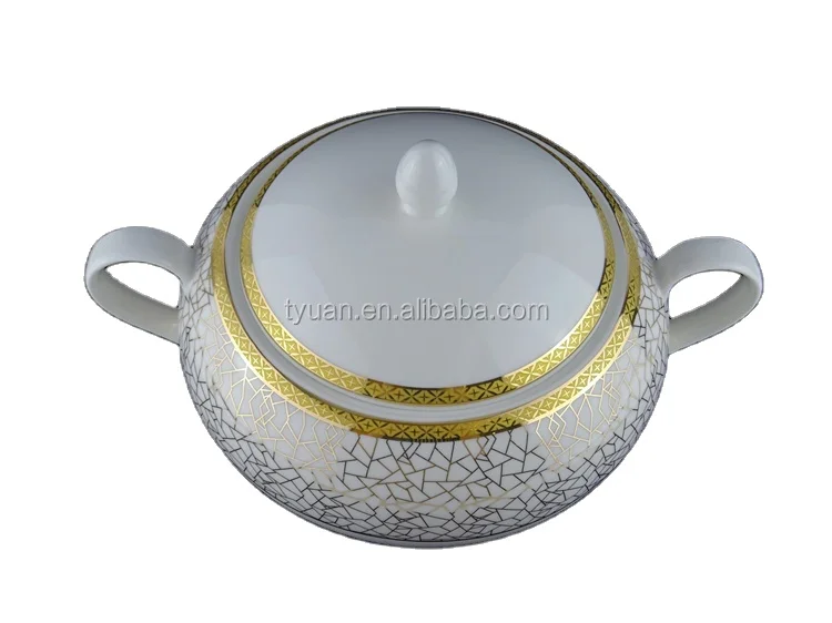 Bone China White Color Customized Design Gold Geometric Printed Soup Tureen Bowls With Lid Cookware Printed Flower Round Tureen