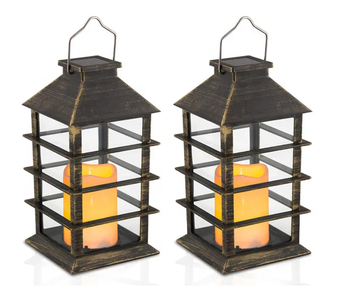 Solar Candle Lantern Large Flickering LED Flame Outdoor Hanging Storm Lantern