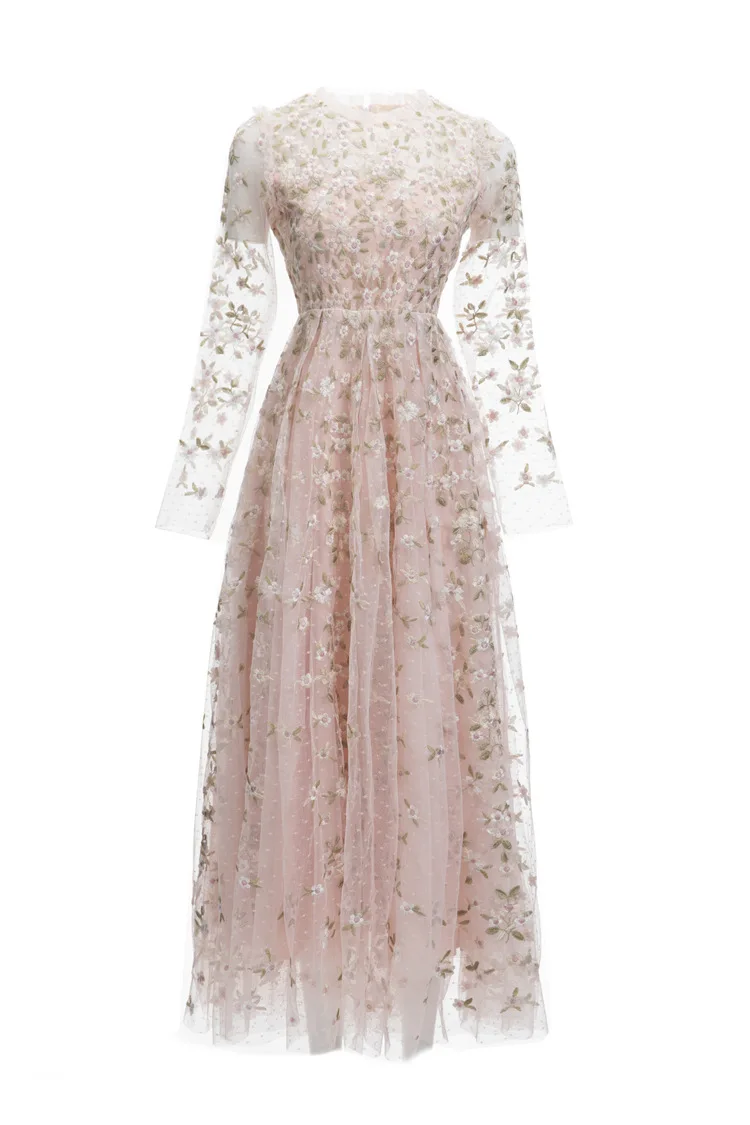 XXL Long Embroidery Dress 2024 Spring Wedding Party Dress for Women Allover Luxurious Embroidery Long Sleeve Maxi Dress Occasion